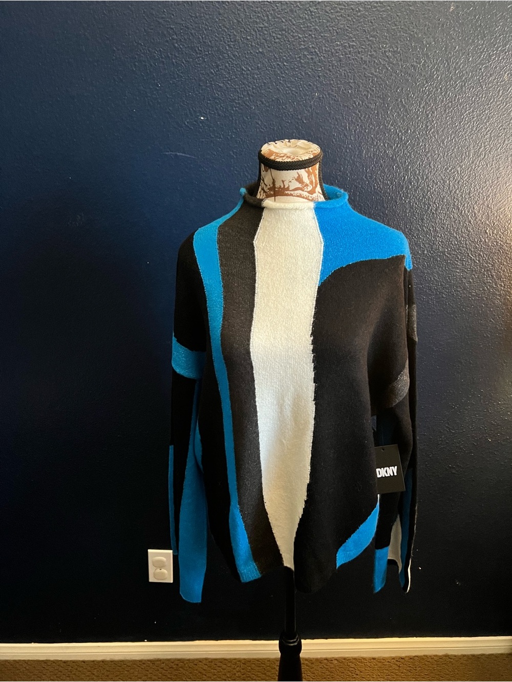 DKNY Black Electric Blue Colorblock Cowl Neck Sweater NWT Size M